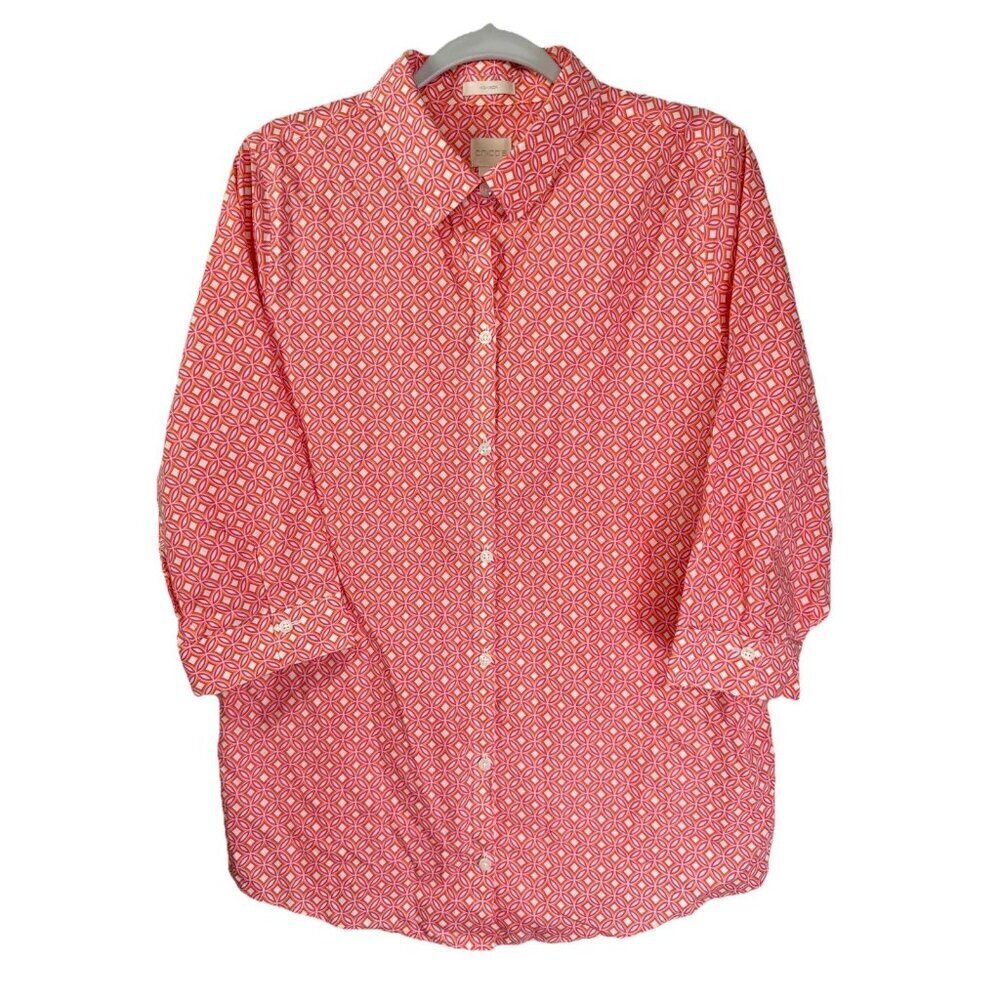Chicos Effortless Beatrice Top Womens 2/Large Pink Red Batik Circles No Iron